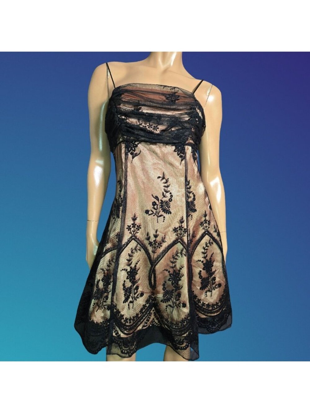Y2K Mesh Overlay Prom Party Dress Glitter Flocked Velvet Size M Champagne Black